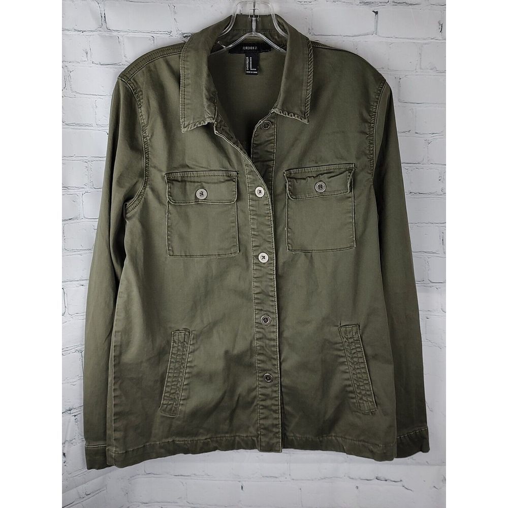 Forever 21 Olive Green Utility Jacket Button Front Pockets Casual Size M